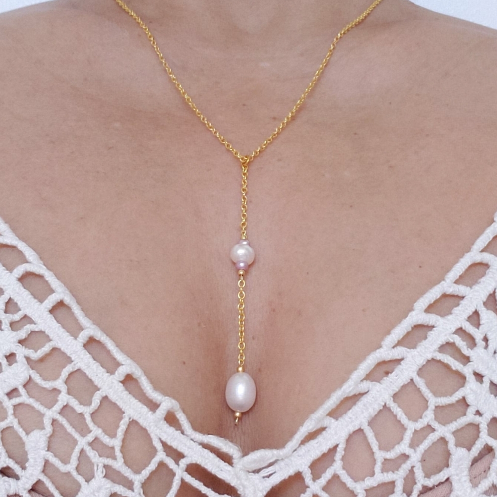 Y necklace real pearls drop pendant genuine pearls 18k GP chain white cream - Picture 3 of 13